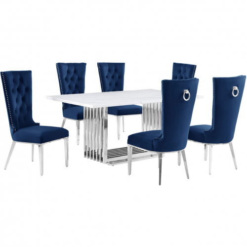 D310 7 Piece Dining Set in White Marble, Polished Stainless Steel & Navy Blue Velvet