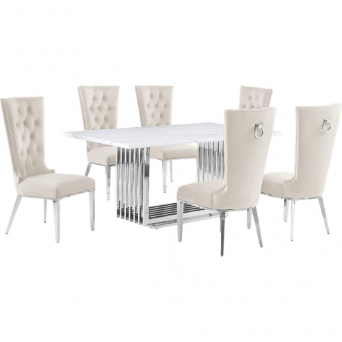 D310 7 Piece Dining Set in White Marble, Polished Stainless Steel & Cream Velvet