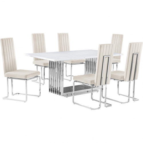 D310 7 Piece Dining Set in White Marble, Polished Stainless Steel & Cream Velvet