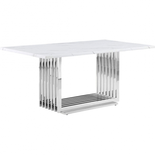 D310 68" Dining Table in White Marble & Polished Stainless Steel Base