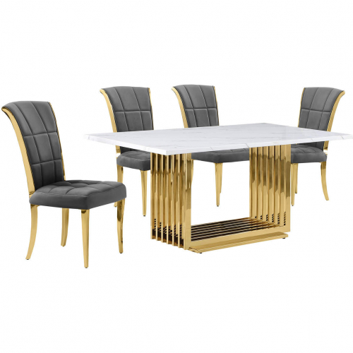 D311 5 Piece Dining Set in White Marble, Gold Stainless Steel & Dark Gray Velvet