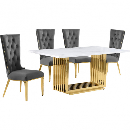 D311 5 Piece Dining Set in White Marble, Gold Stainless Steel & Dark Gray Velvet