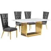 D311 5 Piece Dining Set in White Marble, Gold Stainless Steel & Dark Gray Velvet