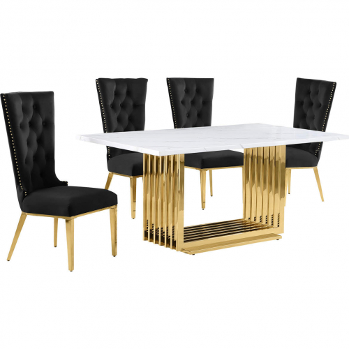 D311 5 Piece Dining Set in White Marble, Gold Stainless Steel & Black Velvet