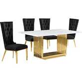 D311 5 Piece Dining Set in White Marble, Gold Stainless Steel & Black Velvet