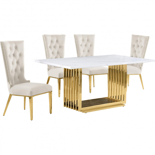 D311 5 Piece Dining Set in White Marble, Gold Stainless Steel & Cream Velvet