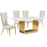 D311 5 Piece Dining Set in White Marble, Gold Stainless Steel & Cream Velvet