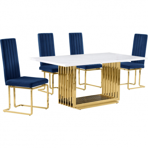 D311 5 Piece Dining Set in White Marble, Gold Stainless Steel & Navy Blue Velvet