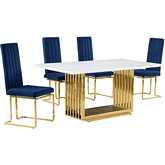 D311 5 Piece Dining Set in White Marble, Gold Stainless Steel & Navy Blue Velvet