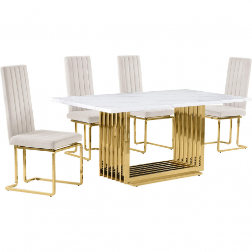 D311 5 Piece Dining Set in White Marble, Gold Stainless Steel & Cream Velvet