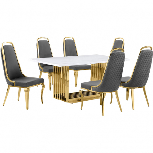 D311 7 Piece Dining Set in White Marble, Gold Stainless Steel & Dark Gray Velvet