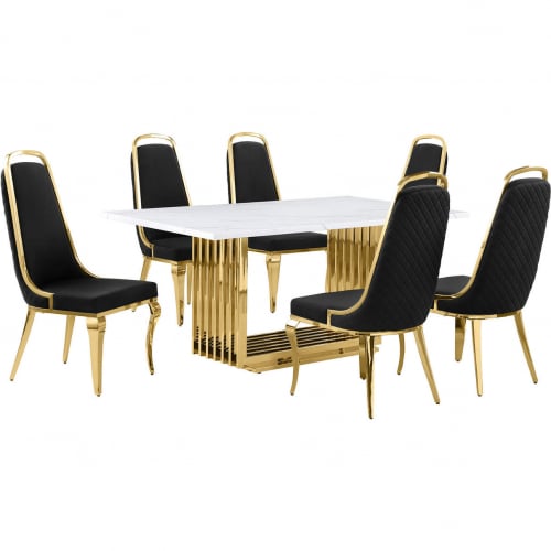 D311 7 Piece Dining Set in White Marble, Gold Stainless Steel & Black Velvet