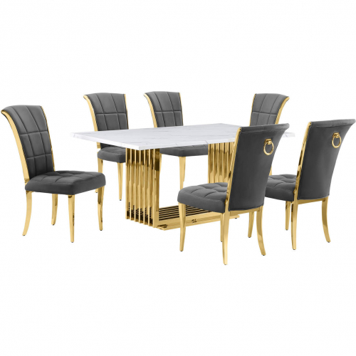 D311 7 Piece Dining Set in White Marble, Gold Stainless Steel & Dark Gray Velvet