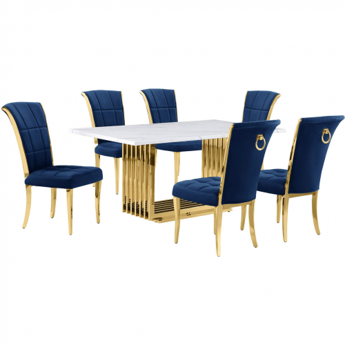 D311 7 Piece Dining Set in White Marble, Gold Stainless Steel & Navy Blue Velvet