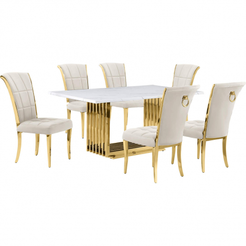 D311 7 Piece Dining Set in White Marble, Gold Stainless Steel & Cream Velvet