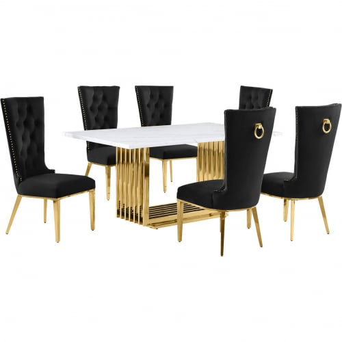 D311 7 Piece Dining Set in White Marble, Gold Stainless Steel & Black Velvet