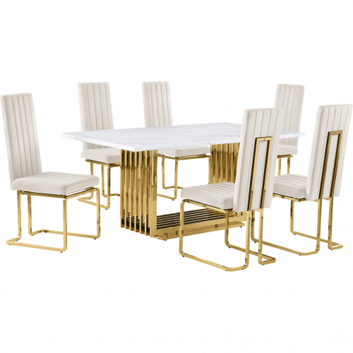 D311 7 Piece Dining Set in White Marble, Gold Stainless Steel & Cream Velvet