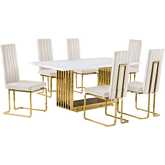 D311 7 Piece Dining Set in White Marble, Gold Stainless Steel & Cream Velvet