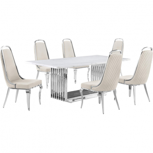 D312 7 Piece Dining Set in White Marble, Polished Stainless Steel & Cream Velvet