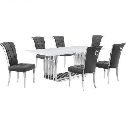 D312 7 Piece Dining Set in White Marble, Polished Stainless Steel & Dark Gray Velvet