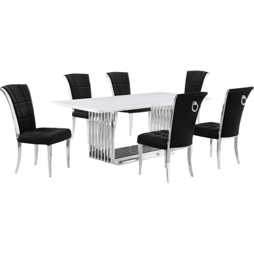 D312 7 Piece Dining Set in White Marble, Polished Stainless Steel & Black Velvet