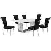 D312 7 Piece Dining Set in White Marble, Polished Stainless Steel & Black Velvet