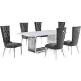 D312 7 Piece Dining Set in White Marble, Polished Stainless Steel & Dark Gray Velvet