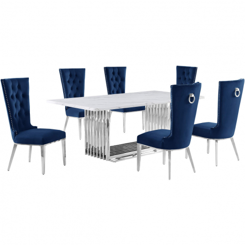 D312 7 Piece Dining Set in White Marble, Polished Stainless Steel & Navy Blue Velvet