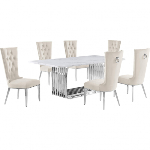 D312 7 Piece Dining Set in White Marble, Polished Stainless Steel & Cream Velvet