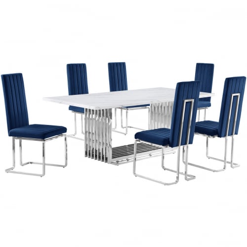 D312 7 Piece Dining Set in White Marble, Polished Stainless Steel & Navy Blue Velvet