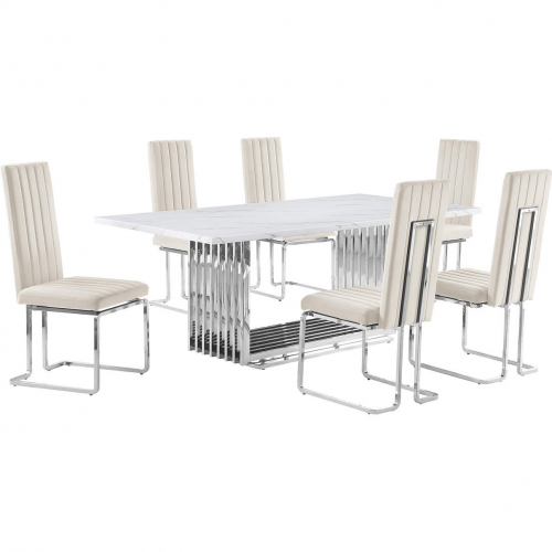 D312 7 Piece Dining Set in White Marble, Polished Stainless Steel & Cream Velvet