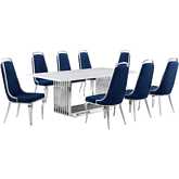 D312 9 Piece Dining Set in White Marble, Polished Stainless Steel & Navy Blue Velvet