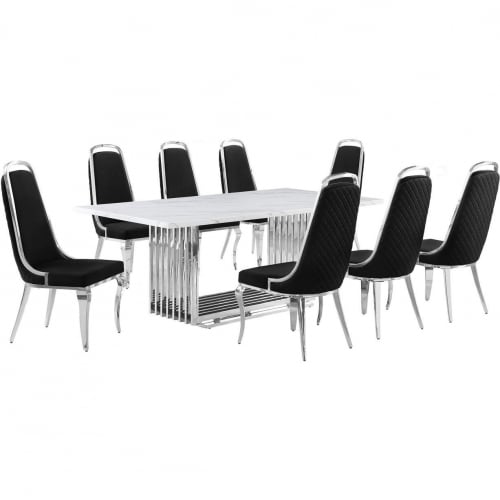 D312 9 Piece Dining Set in White Marble, Polished Stainless Steel & Black Velvet