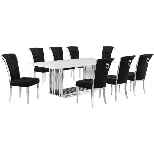 D312 9 Piece Dining Set in White Marble, Polished Stainless Steel & Black Velvet