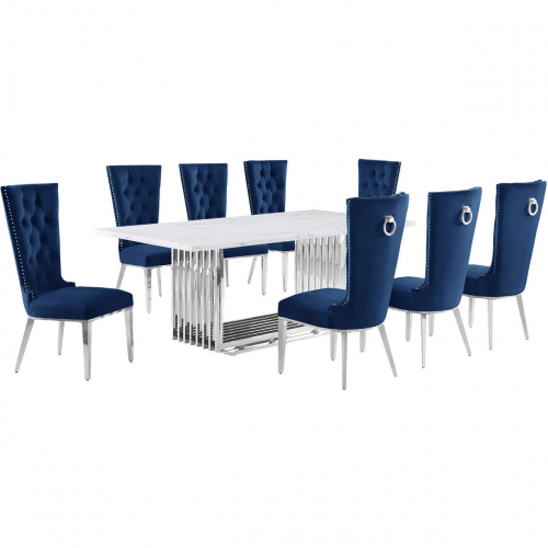 D312 9 Piece Dining Set in White Marble, Polished Stainless Steel & Navy Blue Velvet