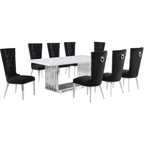 D312 9 Piece Dining Set in White Marble, Polished Stainless Steel & Black Velvet