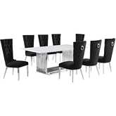 D312 9 Piece Dining Set in White Marble, Polished Stainless Steel & Black Velvet