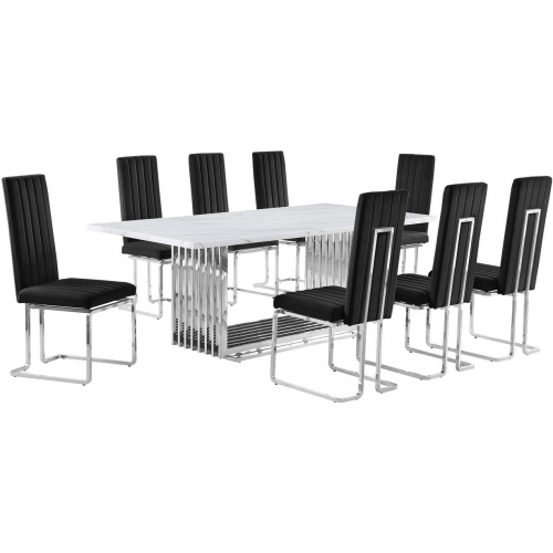 D312 9 Piece Dining Set in White Marble, Polished Stainless Steel & Black Velvet