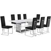 D312 9 Piece Dining Set in White Marble, Polished Stainless Steel & Black Velvet