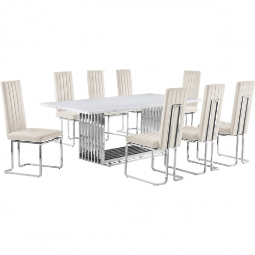 D312 9 Piece Dining Set in White Marble, Polished Stainless Steel & Cream Velvet