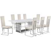 D312 9 Piece Dining Set in White Marble, Polished Stainless Steel & Cream Velvet