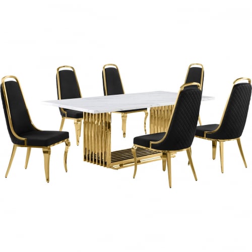 D313 7 Piece Dining Set in White Marble, Gold Stainless Steel & Black Velvet