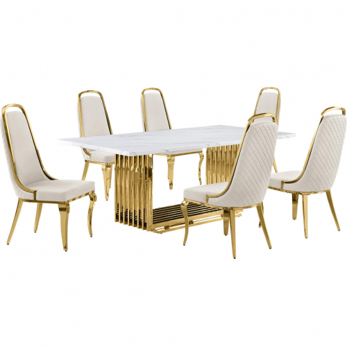 D313 7 Piece Dining Set in White Marble, Gold Stainless Steel & Cream Velvet