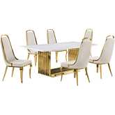 D313 7 Piece Dining Set in White Marble, Gold Stainless Steel & Cream Velvet