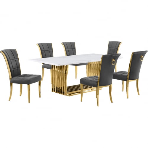 D313 7 Piece Dining Set in White Marble, Gold Stainless Steel & Dark Gray Velvet