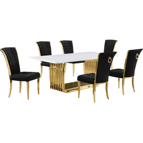 D313 7 Piece Dining Set in White Marble, Gold Stainless Steel & Black Velvet