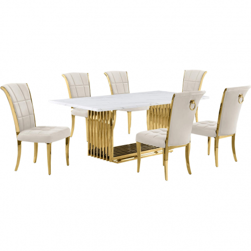 D313 7 Piece Dining Set in White Marble, Gold Stainless Steel & Cream Velvet