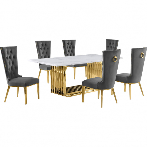 D313 7 Piece Dining Set in White Marble, Gold Stainless Steel & Dark Gray Velvet