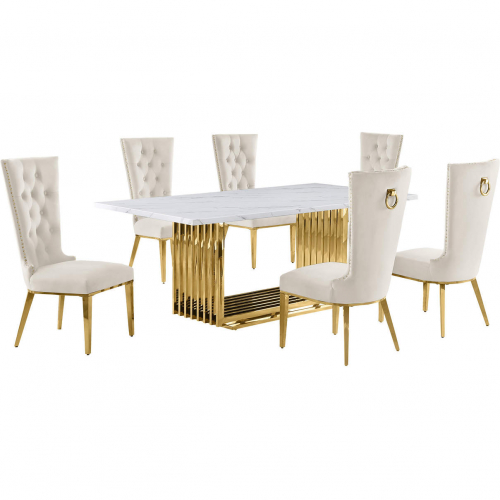 D313 7 Piece Dining Set in White Marble, Gold Stainless Steel & Cream Velvet