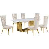 D313 7 Piece Dining Set in White Marble, Gold Stainless Steel & Cream Velvet